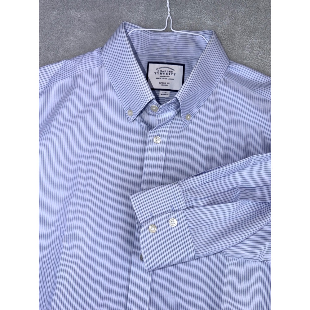 Charles Tyrwhitt Mens 17X35 Classic Fit Blue White Stripe Non-Iron Cotton Shirt